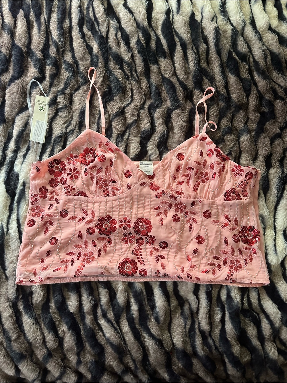 No Boundaries Pink Cami with Red Sequin Floral Embellishments